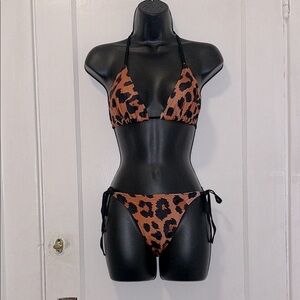 New Leopard Cheetah Print 2 Piece String Tie Bikini Swimsuit Set, One Size